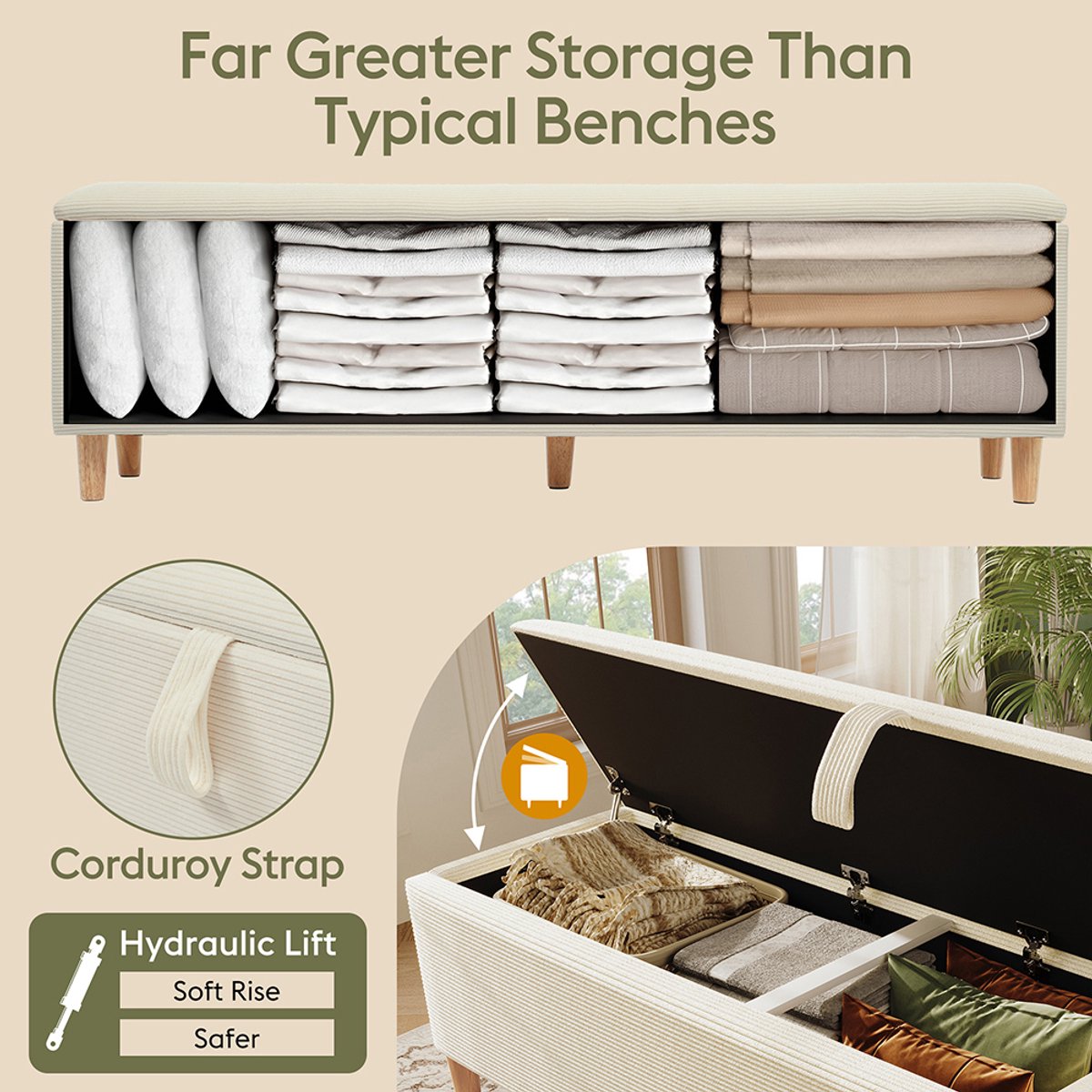 Opbergpoef en bank met bedfunctie, 120x40 cm, gestoffeerde bank met opbergruimte, beige fluwelen stof (120x39,9x41