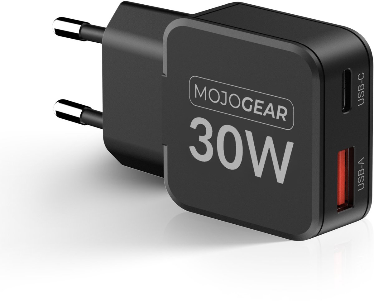 MOJOGEAR CHARGE+ Mini 30W USB-C Oplader - 2 poorten USB-A/USB-C - Telefoonoplader - Geschikt voor iPhone en Android en tablet - Compact en Licht ontwerp Oplaadblok USB - Power Delivery / Quick Charge 3.0 & 4+ -Snellader USB-C - Zwart