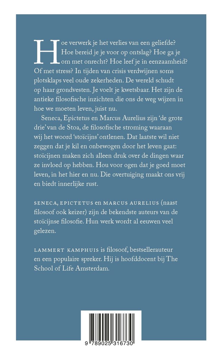 Boek met tekst over stoïcijnse filosofie, auteur Lammert Kamphuis. Barcode onderaan.