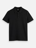 Zwarte poloshirt met korte mouwen, kraag en knopen, geborduurd logo.