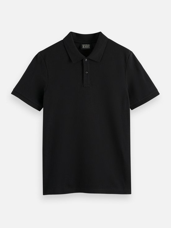 Zwarte poloshirt met korte mouwen, kraag en knopen, geborduurd logo.
