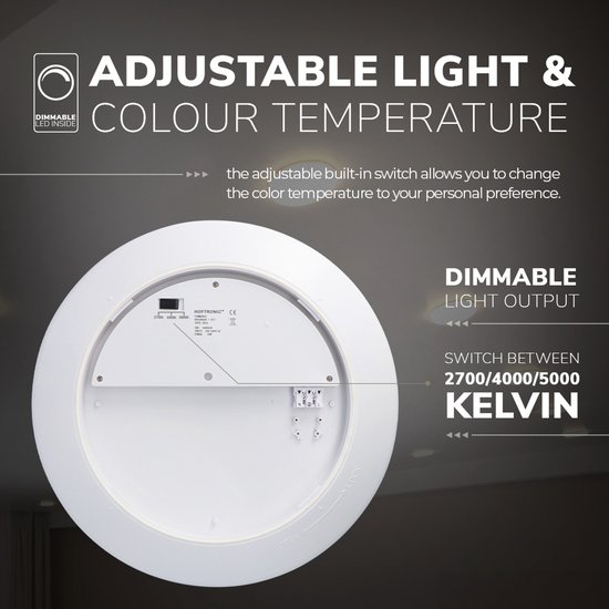Achterkant van de lamp, toont instellingen voor dimbare lichtopbrengst en kleurentemperatuur (2700/4000/5000 Kelvin).