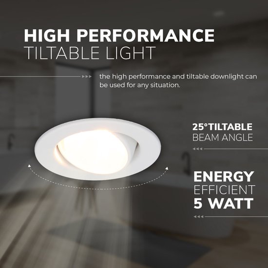 6x HOFTRONIC Malta - Dim to warm inbouwspot - LED - Rond zaagmaat 60-67mm - Zwart - Dimbaar - Kantelbaar - 5 Watt - 480 lumen - 230V - 1800-2700K - Plafondspots - Inbouwspot voor badkamer en buiten - 5 jaar garantie