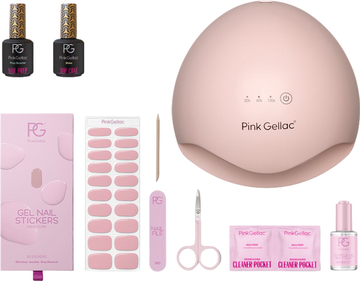 Pink Gellac Gel Stickers Starterspakket Premium - Manicure Set voor Gellak Stickers en Gel Nagels - Nagelstickers Starterspakket met Nail Prep, Top Coat Shine, Nagelriemolie, Schaartje, Nagelvijl, Cleaner Pockets en Premium Nagellamp LED UV Roze