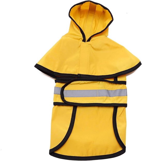 Gele hondenregenjas met capuchon, zwarte biezen, reflecterende strepen en een verstelbare riem op de rug.
