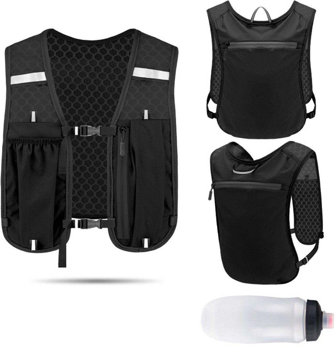 Hardloop-hydratatievest, lichtgewicht rugzak, stabiele borstuitrusting met blaas en telefoonhouder voor vrouwen, Heren,met reflecterende strepen, marathons, trails, fietsen, buitenavonturen(1 * Zwart vest, 1 * waterfles) - Cyslmuk®
