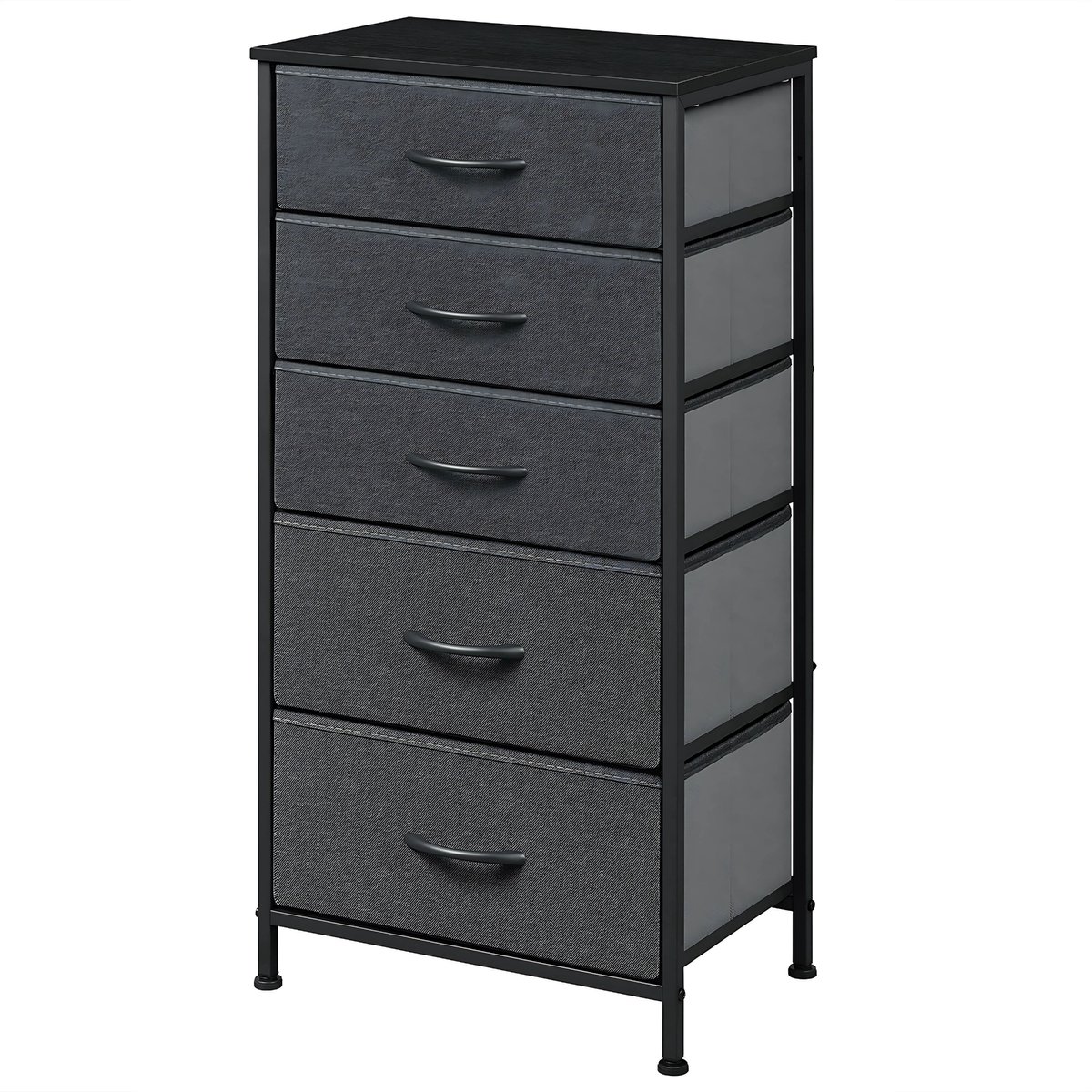 Happiq Ladekast met 5 Laden -Dressior - Kast - Voor Slaapkamer, Keuken, Kantoor of Woonkamer - Smal Dressoir met Stoffen Laden Donkergrijs