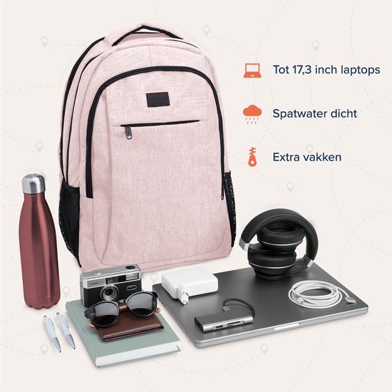Lichtroze rugzak met zwarte accenten, een vak voor een laptop tot 17,3 inch, en diverse extra vakken.
