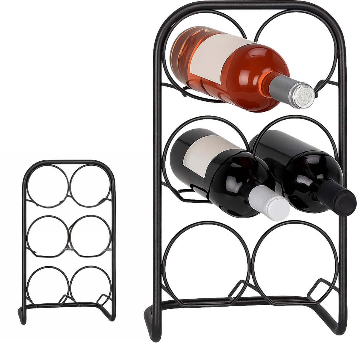 Lomera Metalen Wijnrek – Wijnrek voor 6 Flessen – Zwart Metaal – Staand Model – Wijnflessenhouder – Wijnrek Zwart – Wijnrek Stevig – Wijnrek Compact – Wijnrek Design – Wijnrek Industrieel – Wijnrek Functioneel – Wijnrek Elegant