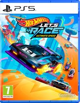 Playstation 5 speldoos met 'Hot Wheels Let's Race: Ultimate Speed!' logo. Een futuristische zwarte auto met paarse accenten en vlammen uit de uitlaat scheurt over een oranje racebaan.