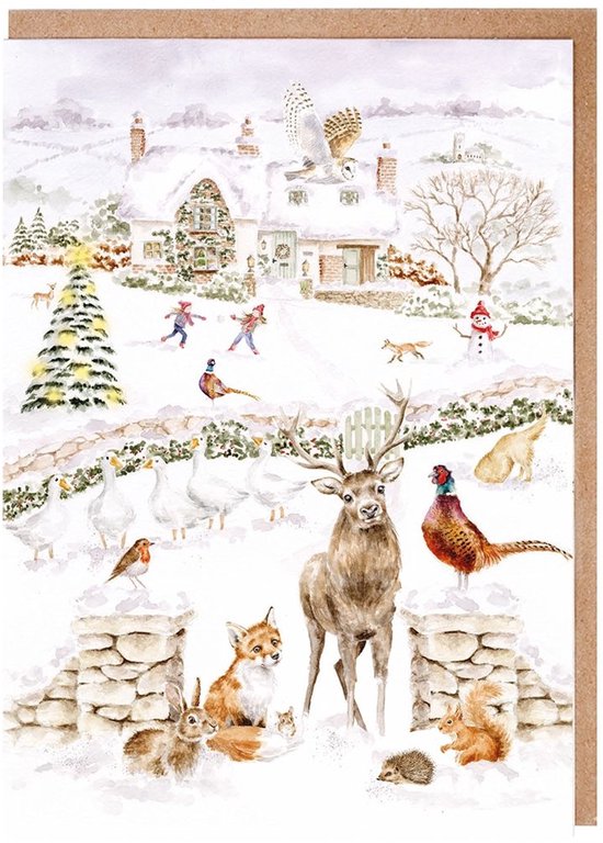 Een winterlandschap met huisjes, rendier, vossen, eenden, fazanten, eekhoorns, egels, konijnen, vogels en een sneeuwman.
