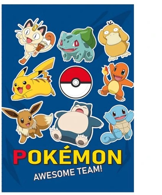 Blauw Pokémon dekbed met Pikachu, Eevee, Snorlax en de tekst POKÉMON AWESOME TEAM!