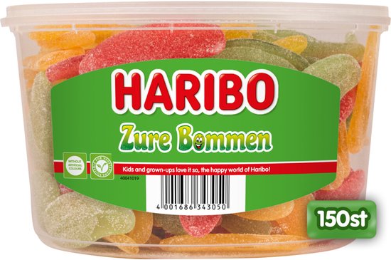 Foto: Haribo zure bommen zuur snoep in fruitsmaken 150 stuks silo