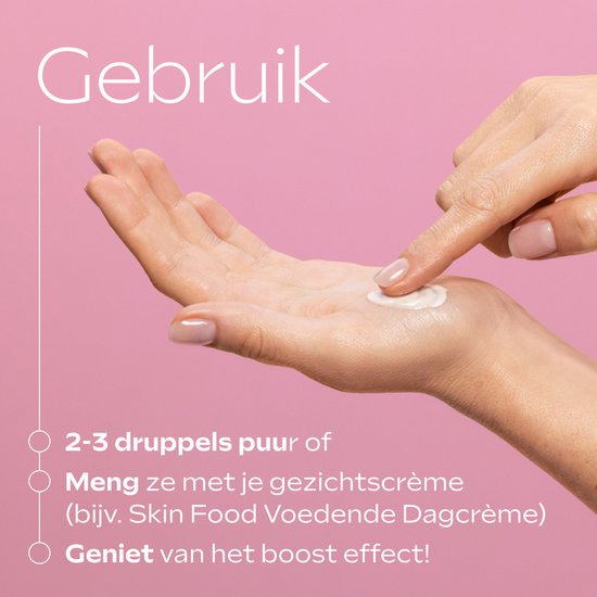 Hand mengt Weleda serum met gezichtscrème, met tekst '2-3 druppels puur of meng ze met je gezichtscrème'.