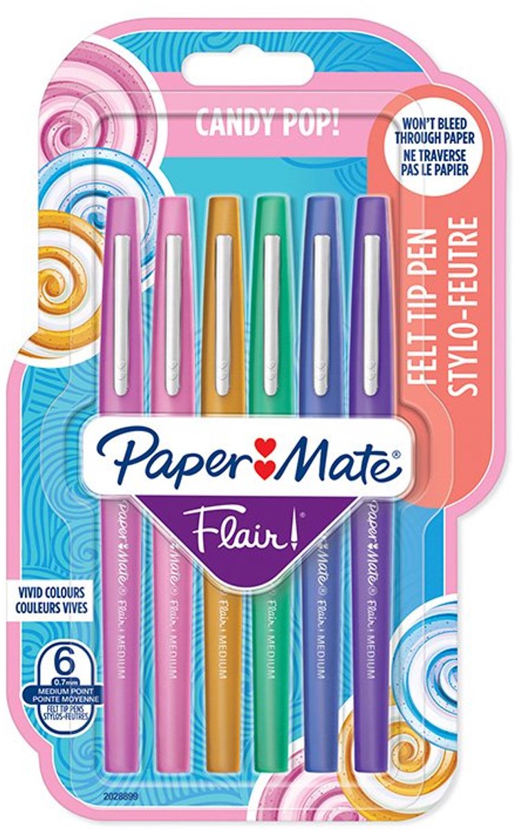 Paper Mate flair-viltstiften | medium punt (0,7 mm) | diverse candy pop-kleuren | 6 stuks