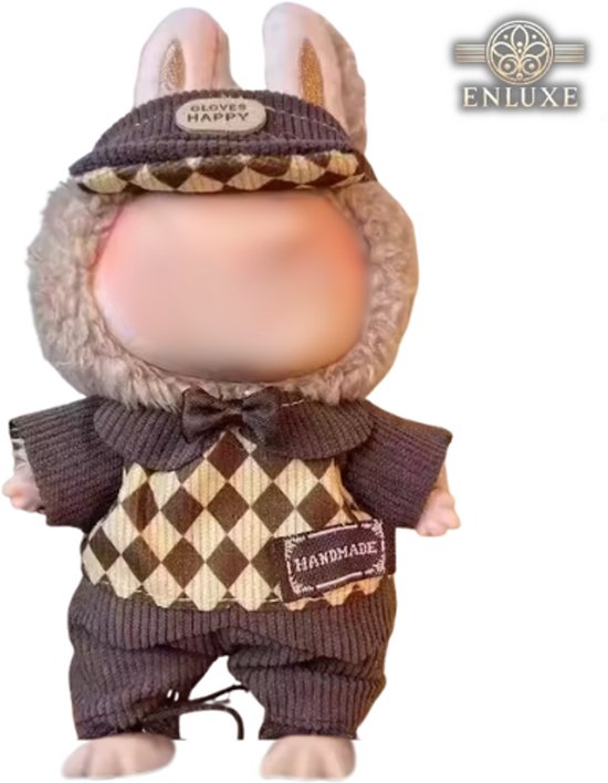 Schattig Geruit Wit/Bruin Truitje Kleding - Met Bruin Petje met Logootje en Bruin Broekje - Cute Outfit Accessoire Geschikt voor Labubu (Pop Niet Inbegrepen) van Merkloos — afbeelding 5
