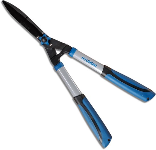 Hyundais heggeschaar met lange, zwarte bladen en zilverkleurige handvatten met blauwe accenten.