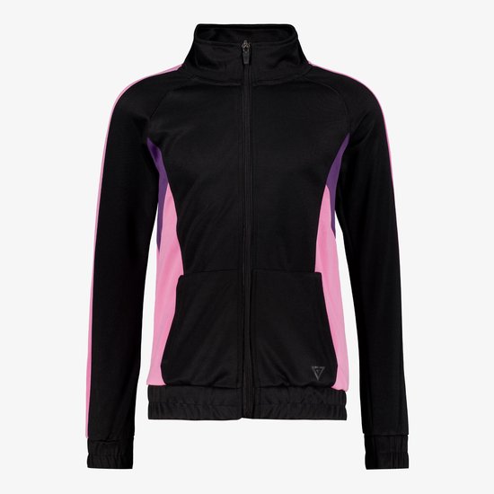 Zwart trainingsvest met roze en paarse accenten op de zijkanten, lange mouwen en een rits.