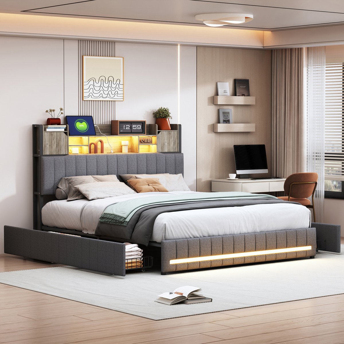 Tweepersoonsbed Bekleed Met Fluweel 140x200cm - Met LED En USB Oplaadpoort Met Grote Lade Roze