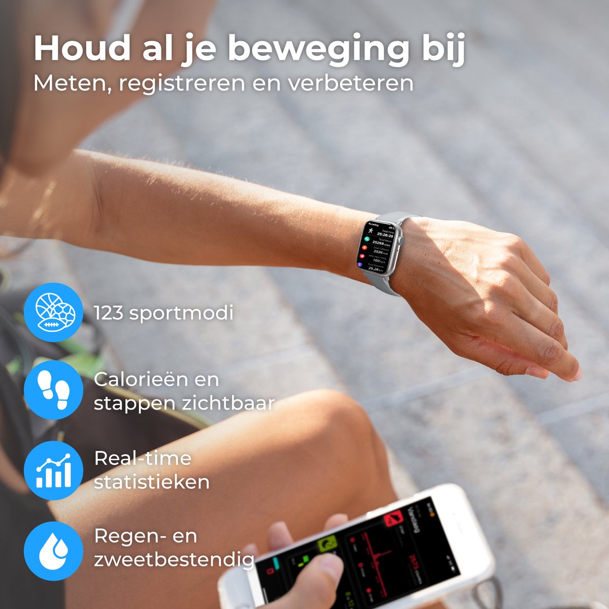 Nuvance - Smartwatch Heren & Dames met Bluetooth - 45mm - Geschikt voor alle Smartphones - Stappenteller & Hartslagmeter - Grijs – foto 5