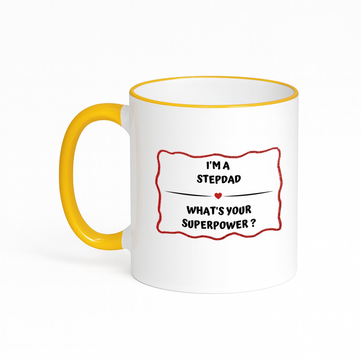 Hacebo® - I'm a stepdad what's your superpower? koffiebeker met gekleurde rand goudgeel - Papa - super stiefvader - thee mok - koffie beker - vader cadeautjes - vaderdag - verjaardag - geschenk - kado - koffiemok - 330 ML