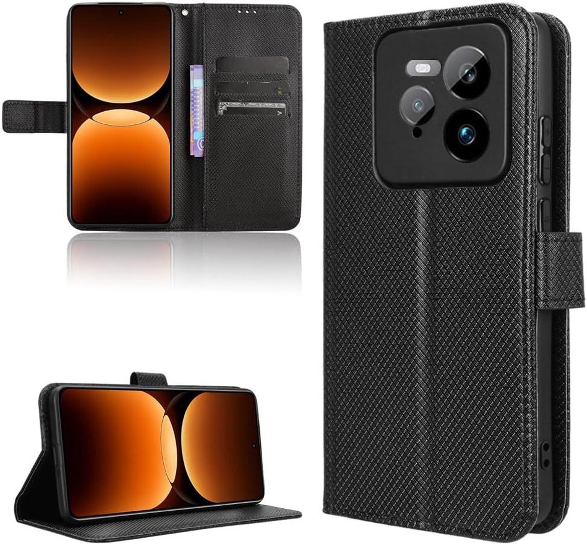 Premium portefeuille flipcase beschermhoes voor Realme GT 7 Pro 5G - zwart koolstofvezel design - Luxe smartphone hoesje