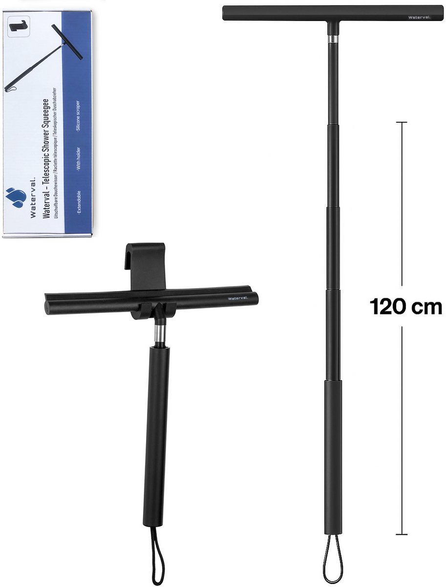 Waterval Telescopische Douchewisser – 120 cm Uitschuifbaar – 30,5 cm Breed – Inclusief 2 Ophanghaken & Raamzeem – Zwart– XL Douche Trekker met Siliconen Blad