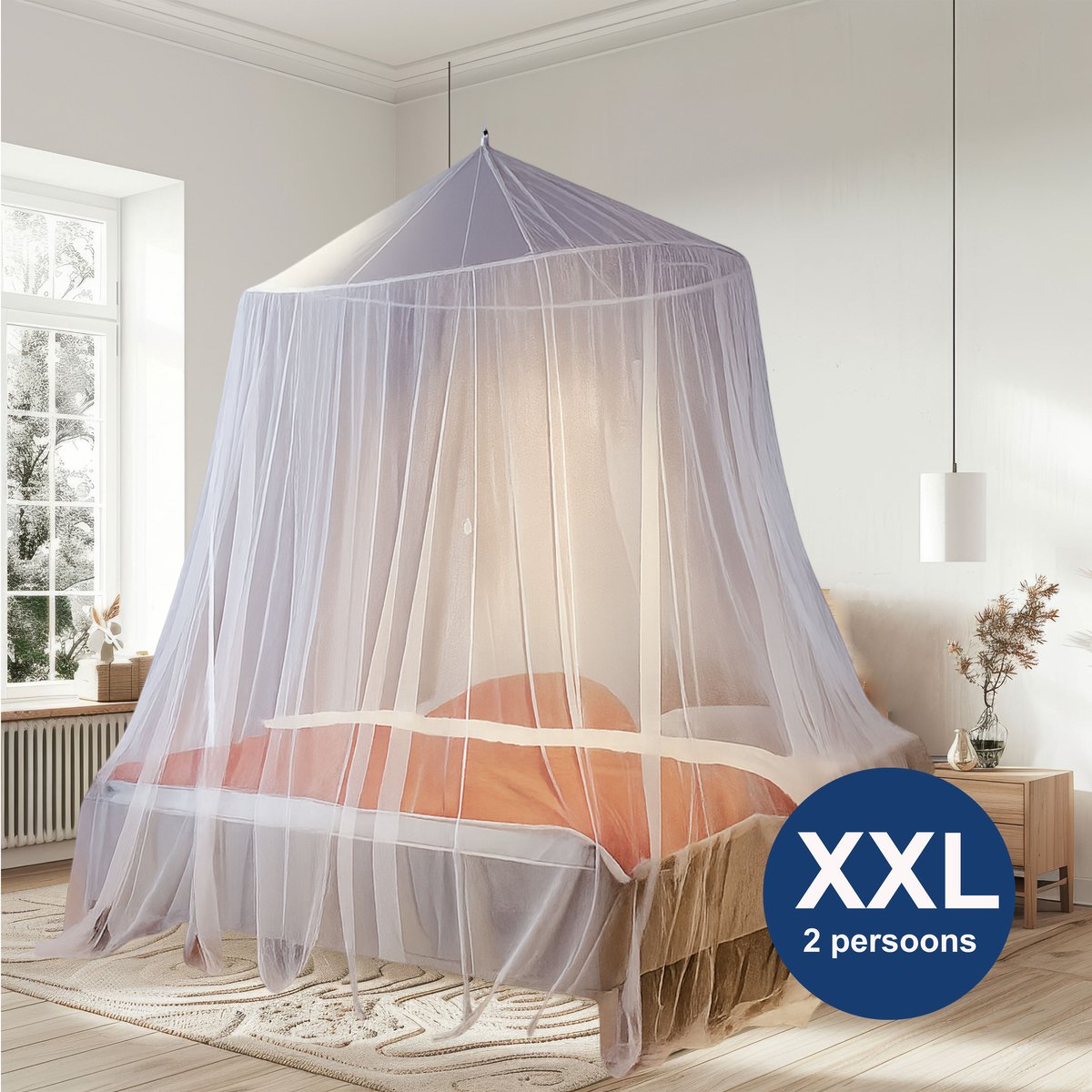 Klamboe 2 Persoons XXL – 14 Meter Onderomtrek (Extra Groot) – Muskietennet Bed – 150 cm Ring – 300 Mesh Muggennet – 250 cm Hoog – Inclusief Ophangset & Reistas – Wit