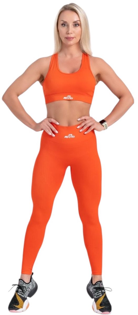 Mives® Sportlegging en Top - Yoga - Fitness set - Scrunch Butt - Dames Legging - Sportkleding - Fashion - Sport Broeken - Gym Sports - Fitness Wear - High Waist - ORANJE- maat M - BRA