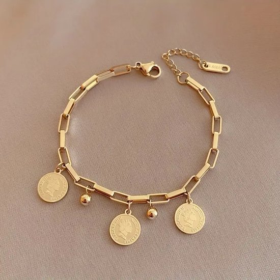 Bracelet à maillons dorés pour femme avec breloques pièces et boules – bracelet femme à maillons rectangulaires grossiers