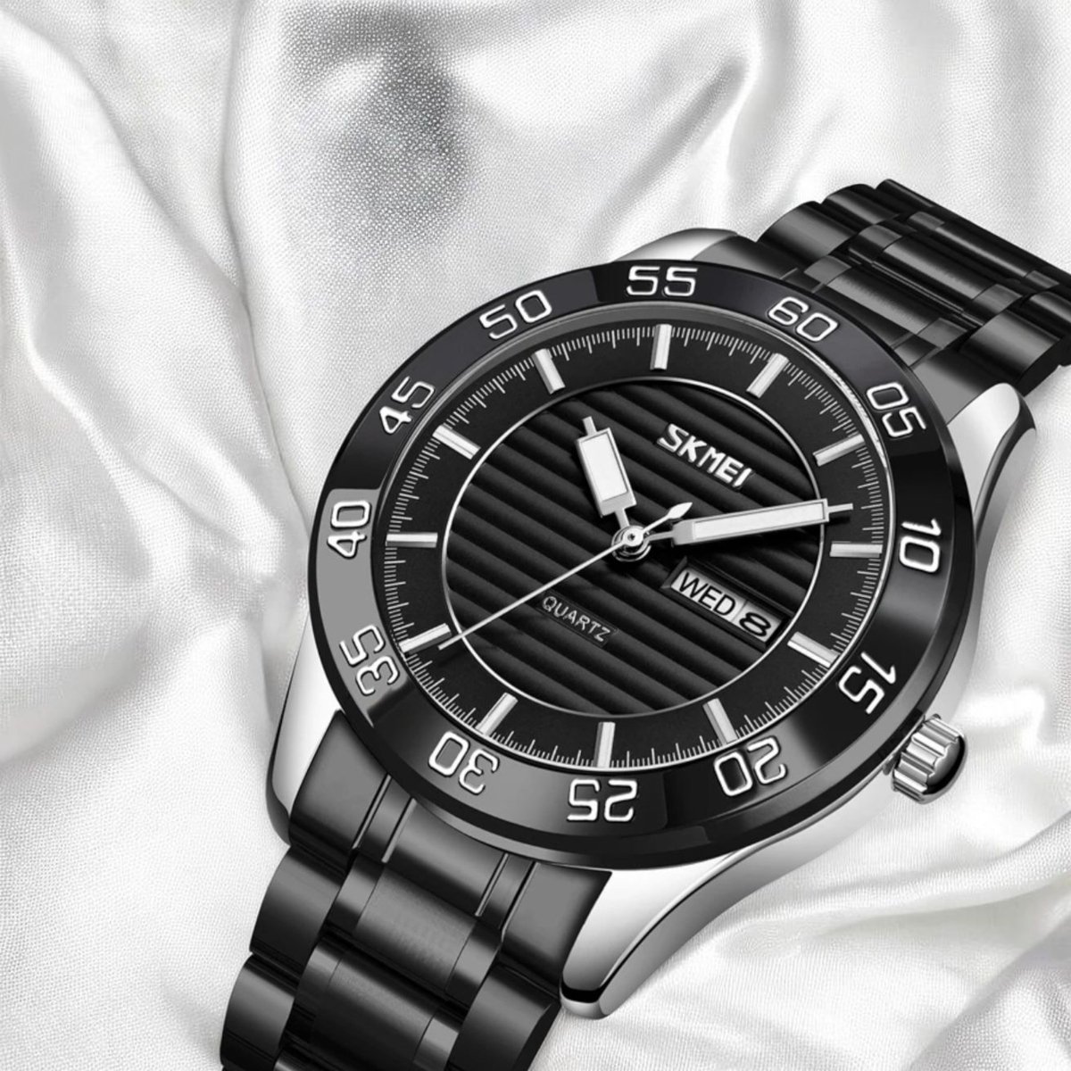 Stijlvolle SKMEI Herenhorloge Zwart-Grijs met Zwart Wijzerplaat - Luxe Quartz Met Roestvrij Staal, Waterdicht Design Gratis Elegante Leerella Horlogedoos