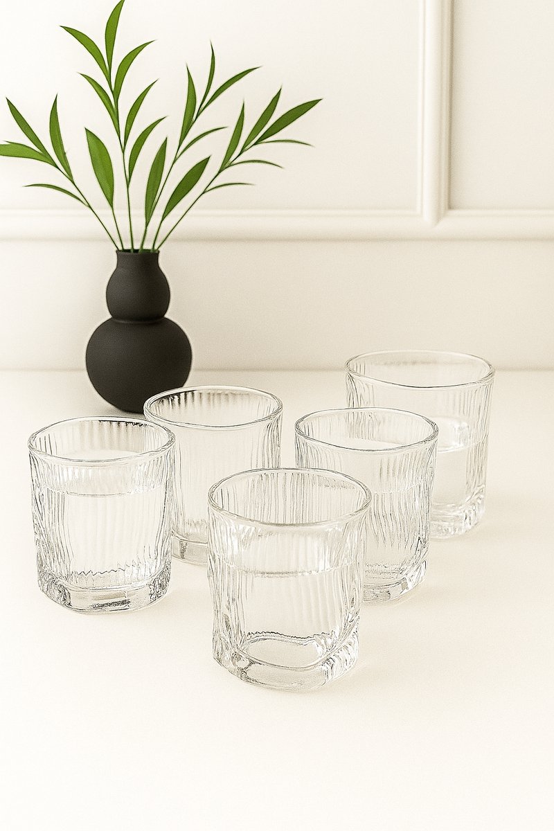 Mevaz Wave Line Glazenset – 6 stuks – 220 ml – Luxe Design Waterglazen – Vaatwasserbestendig – Transparant Glas – Uniek Golvend Patroon