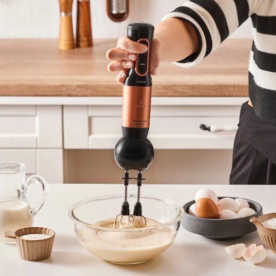 Karaca Mastermaid Prosteel - Keukenrobot 2500W - Glazen Hakmolen 1,5L - Staafmixer, Smoothiebeker, Garde, Rasp & Snijschijven - Zwart/Koper van Karaca — afbeelding 2