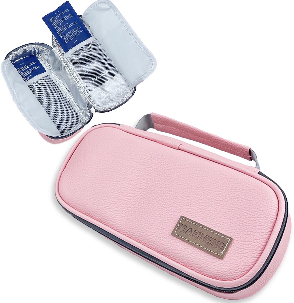 Rainbecom - Insuline Koeltas PU – Diabetes Koeltas met 2 Ice Packs - 21x6x10cm – Diabetes Etui met 2 Koelelementen – Medische Reiskoeltas voor Insulinepennen - Roze