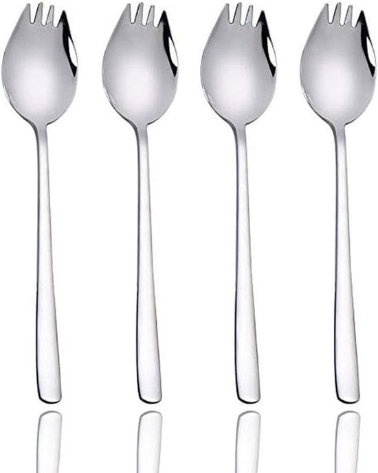 Set de 4 cuillères-fourchettes multifonctions en acier inoxydable – Cuillères à salade longues, cuillères à soupe, cuillères à pâtes – Couverts pour le camping, les Voyages et la maison