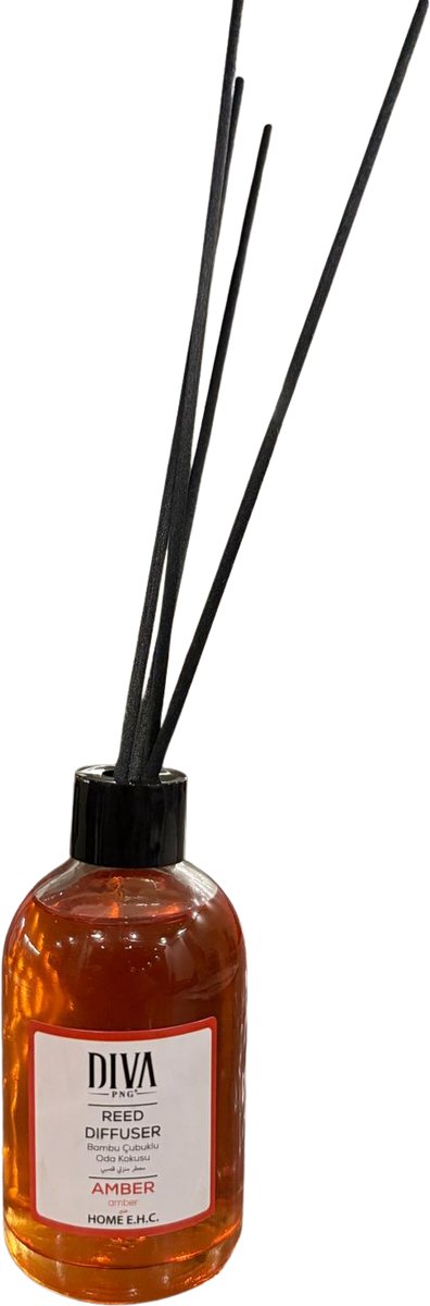 DIVA PNG Reed Diffuser Amber 100ml – Geurstokjes met Warme Ambergeur – Luxe Huisparfum met Bamboestokjes – Langdurige Geurverspreiding