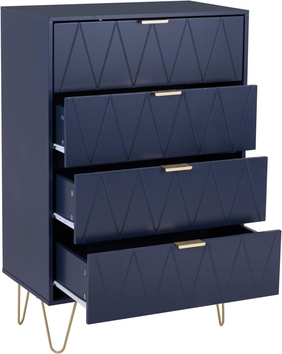 UEV 4-ladenkast, houten opbergkast, eenvoudige en elegante stijl, gouden handgreep en poten, 60 x 34 x 91 cm, dressoir voor slaapkamer, woonkamer, kantoor, marineblauw