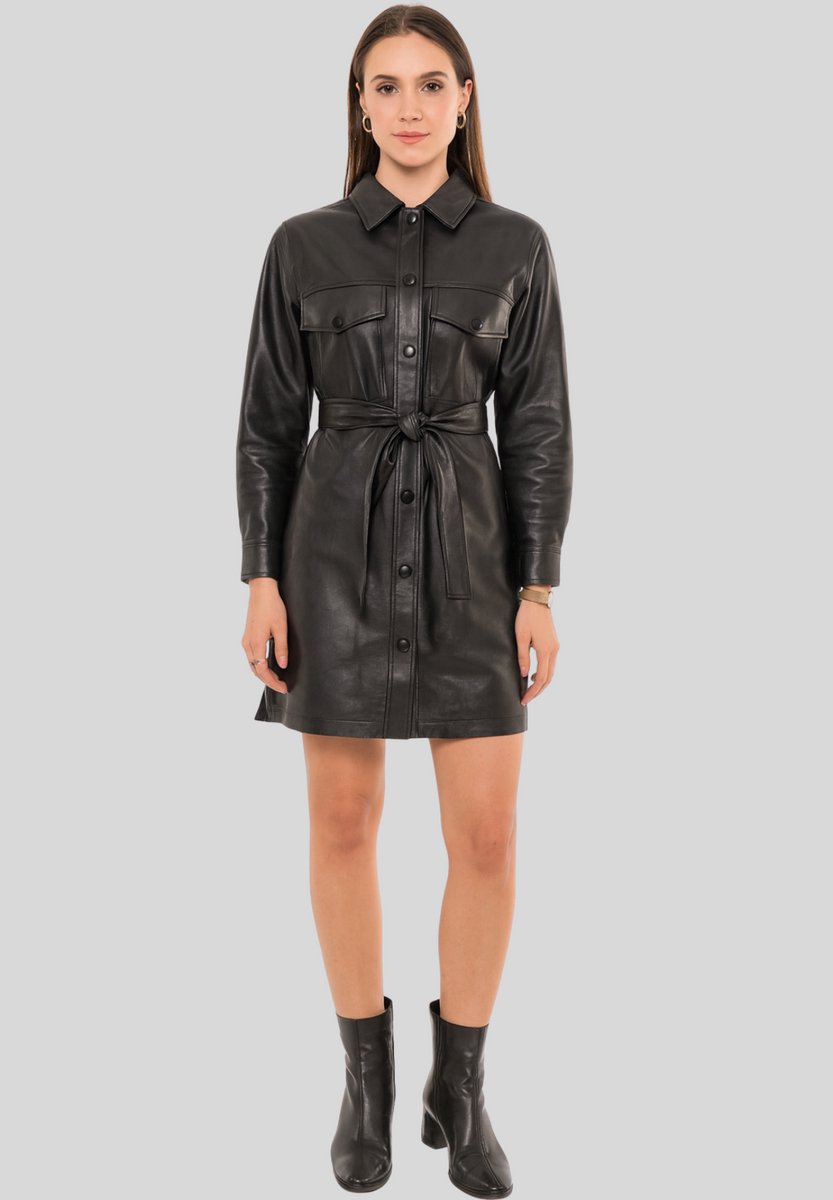 Dames Zwart Lamsleren Overhemdjurk met Ceintuur – Lange Mouw, Knoopsluiting, Mini Jurk van Echt Leer met Overhemdkraag - MAAT 3XL
