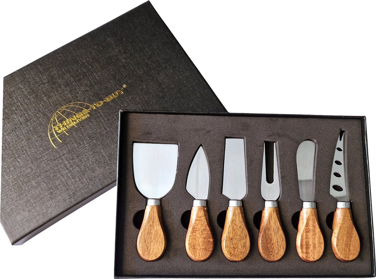 THINGS-TO-BUY – Kaasmesjes – Set van 6 – RVS met Houten Handvat – Kaasmes Cadeauset – In Luxe Zwarte Geschenkdoos
