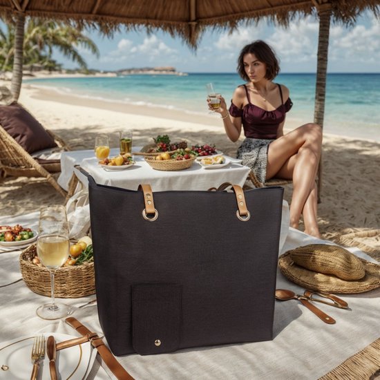 Wijntas met verborgen schenktuit - Strandtas voor dames - Geïsoleerde schoudertas - Unisex - Wijntas met schenktuit - Om wijn vast te houden en uit te schenken - Voor volwassenen, buitenliefhebbers en sociale drinkers - Zwart - 32 x 33 cm van Merkloos — afbeelding 3