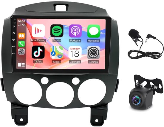 Autoradio-9in Android 13 Car Stereo Radio GPS Navigation 4+64G for Mazda 2 2007-2013 Built-in Wireless for CarPlay Android Auto Bluetooth WiFi FM/RDS SWC Mirror Link + AHD Backup Camera