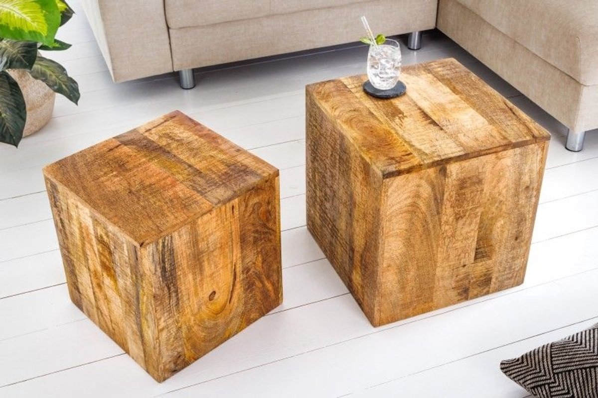 Invicta Interior Naturel set van 2 bijzettafels CURACAO 40cm mangohouten blokjes - 42577 Zie omschrijving