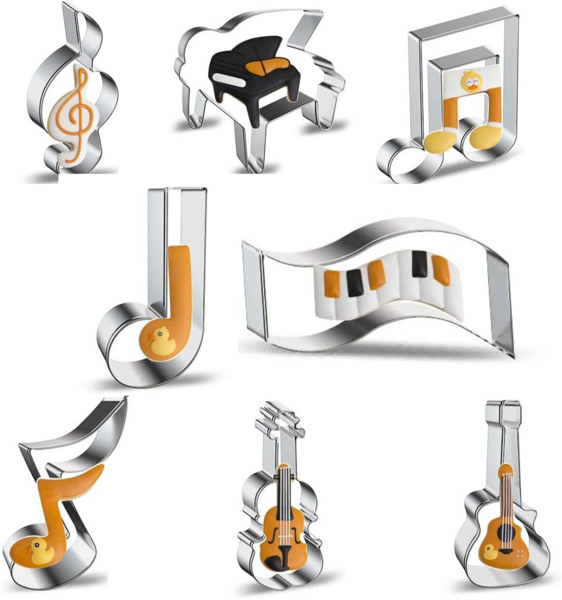 Uitsteekvormpjes Muziek - 8 metalen vormpjes met Muzieknoten & Muziekinstrumenten; Piano, Viool & Gitaar