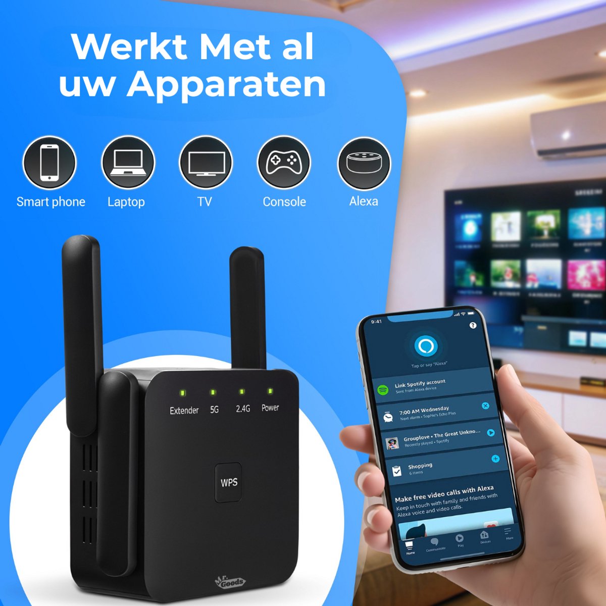Afbeelding 2 van MrGoods – WiFi Versterker Stopcontact – 1200 Mbps – Dual-Band Repeater – 5G & 2,4G – WiFi Signaal Versterker – Internet Versterker – WiFi Booster – Extender met Gigabit LAN