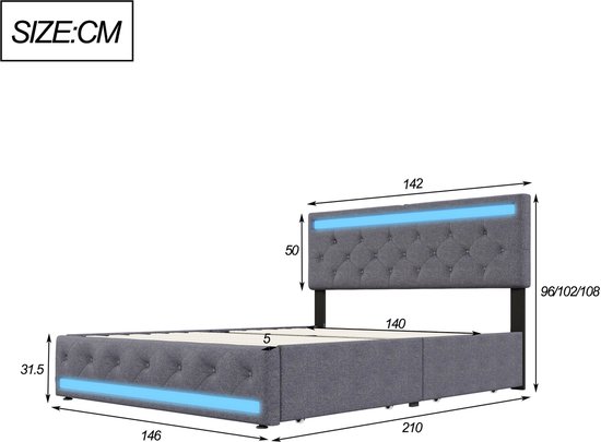 Modern Tweepersoonsbed 140x200cm, Grijs Linnen, 4 Lades, USB/Type-C, Lattenbodem en... | bol