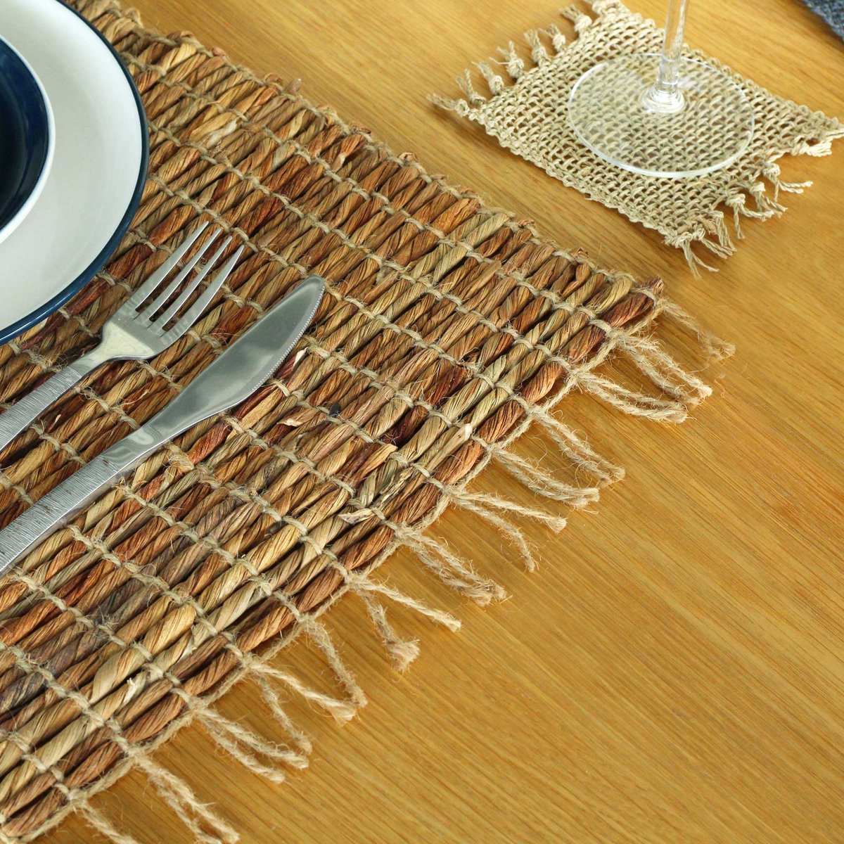 Placemat Zeegras - met franjes - Water Hyacinth - Houtskool met Franjes - 100 % handgemaakt