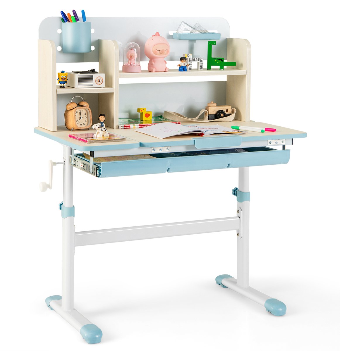 Costway Kinderbureau, in hoogte verstelbaar, bureau voor kinderen, met kantelbaar tafelblad, planken en lade, jeugdbureau, studentenbureau voor kinderen van 3 tot 12 jaar, blauw
