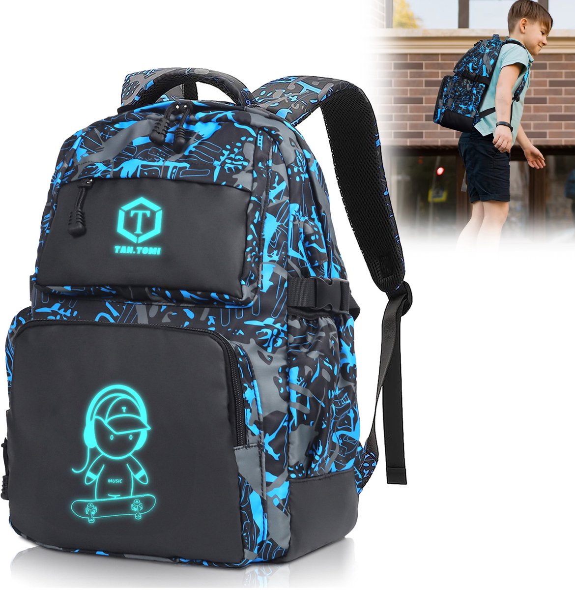 TAN.TOMI - Rugzak Jongens - Schoolrugzak met USB - Reflecterende Rugzak - Meisjes Rugzak - Tieners Dagrugzak - Kinderen Nachtzak - Reflecterende Schooltas - Zwart/Blauw
