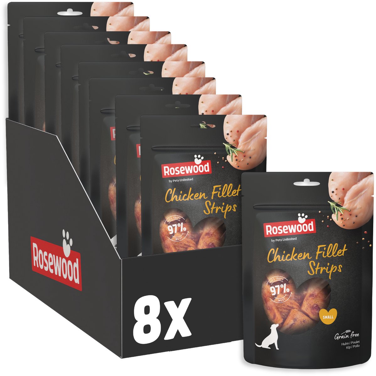 Rosewood Chicken Fillet Strips Small - Hondensnack voor Kleine Honden - 97% Kip - Eiwitrijk & Vetarm - Zonder Kunstmatige Toevoegingen - 8 zakjes à 170g
