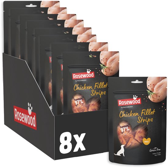 Rosewood Chicken Fillet Strips Small - Hondensnack voor Kleine Honden - 97% Kip - Eiwitrijk & Vetarm - Zonder Kunstmatige Toevoegingen - 8 zakjes à 170g